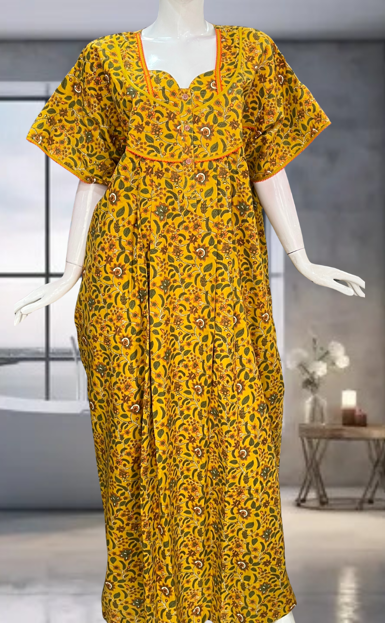 Yellow Garden Pure Cotton Nighty. Pure Durable Cotton | Laces and Frills