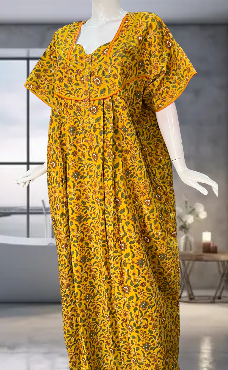 Yellow Garden Pure Cotton Nighty. Pure Durable Cotton | Laces and Frills