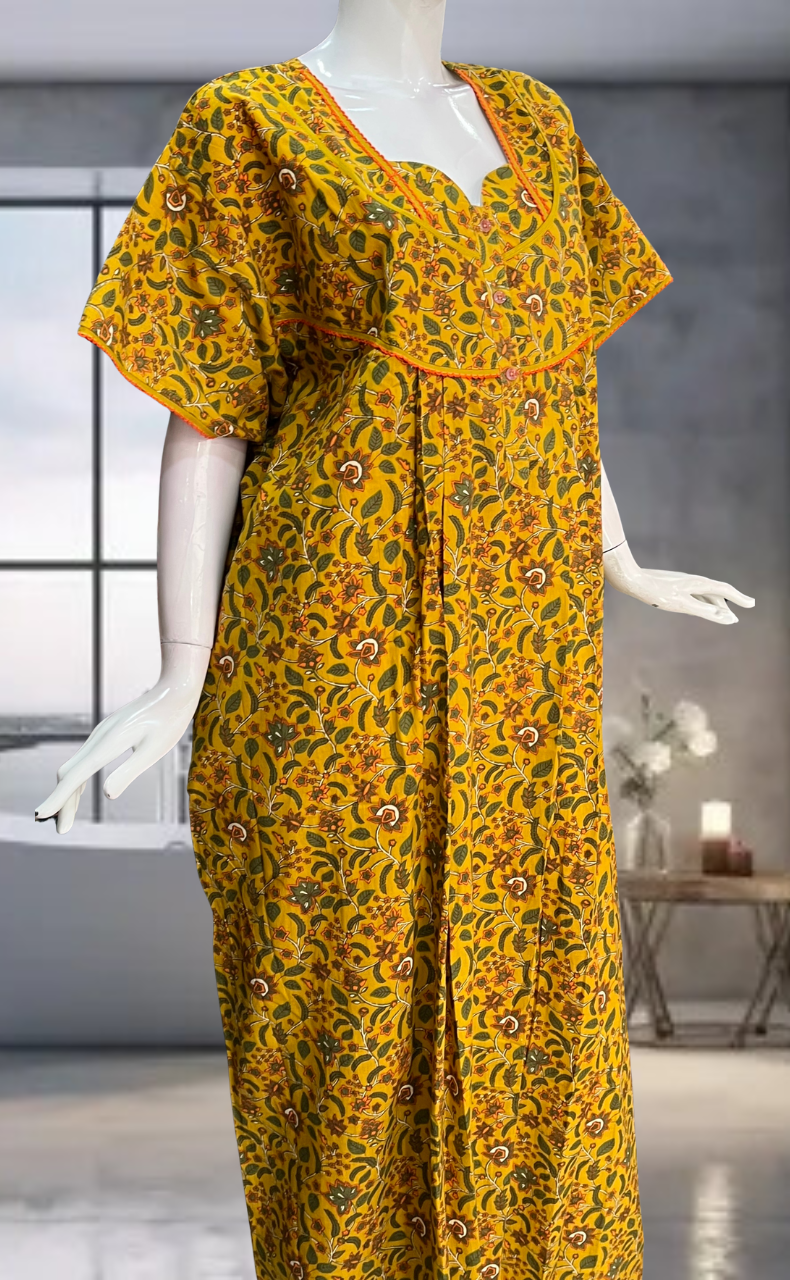 Yellow Garden Pure Cotton Nighty. Pure Durable Cotton | Laces and Frills