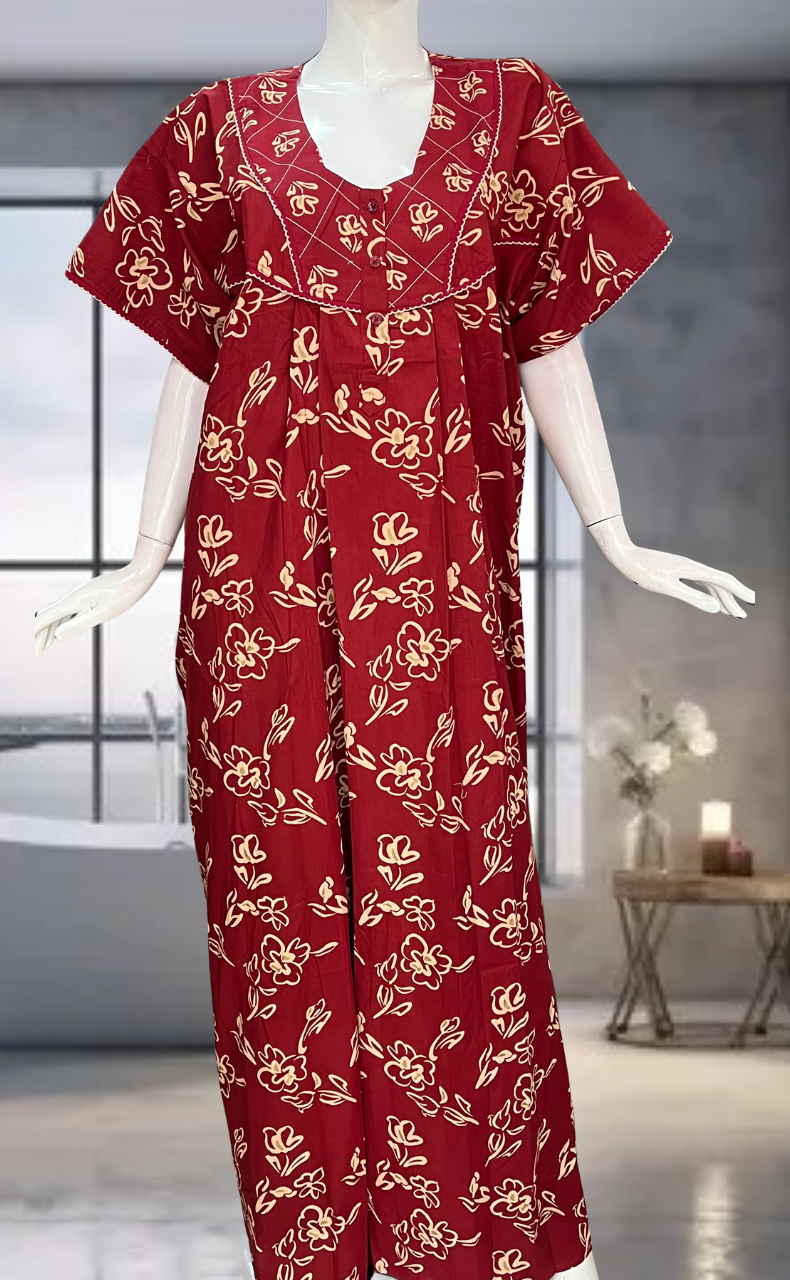 Red Flora Pure Cotton Nighty. Pure Durable Cotton | Laces and Frills