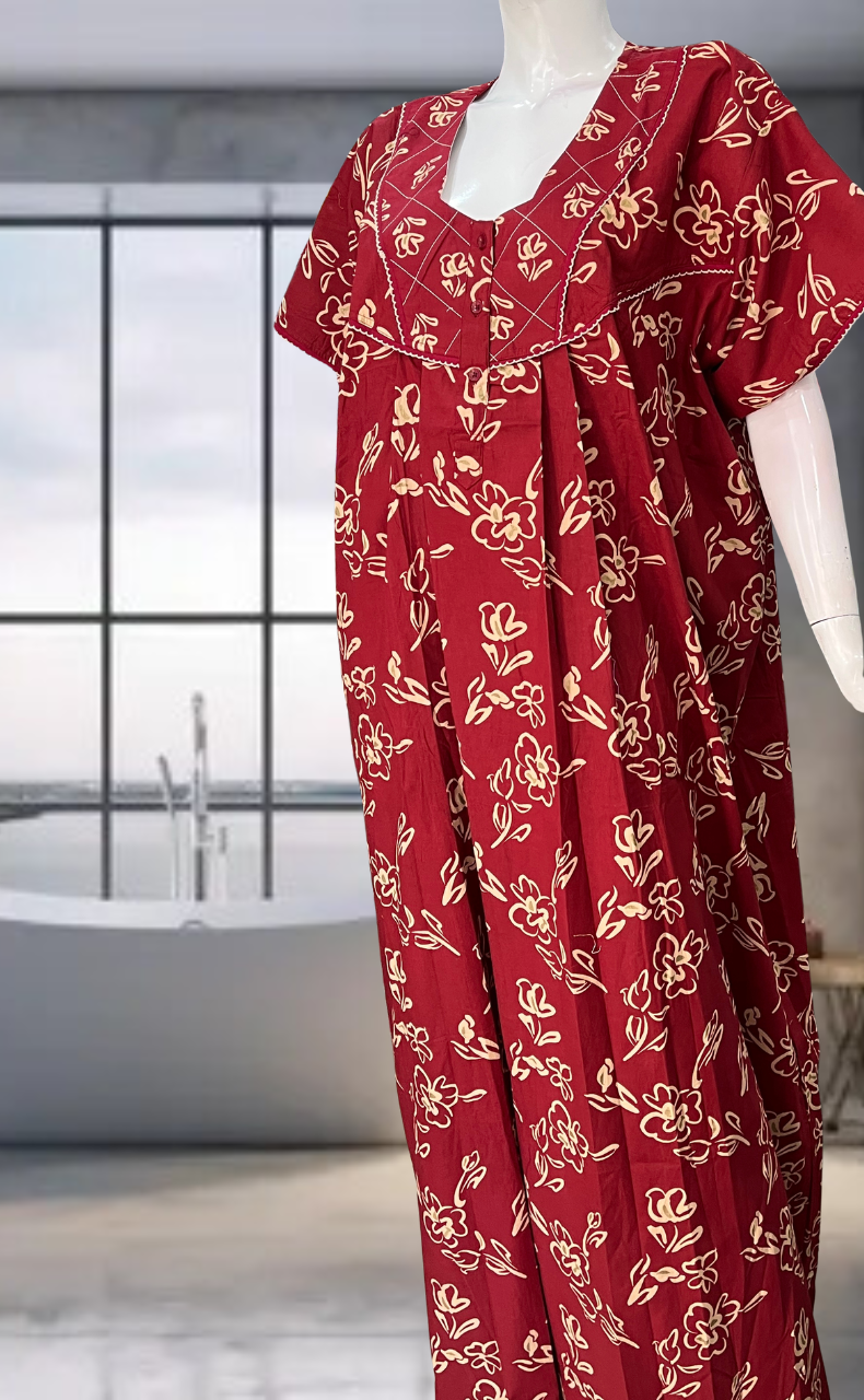 Red Flora Pure Cotton Nighty. Pure Durable Cotton | Laces and Frills