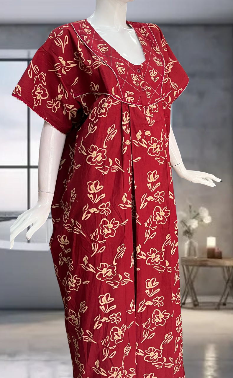 Red Flora Pure Cotton Nighty. Pure Durable Cotton | Laces and Frills