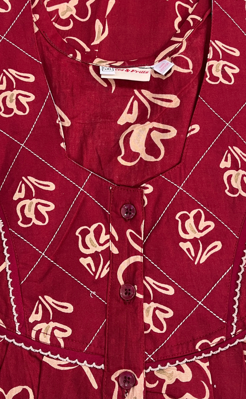 Red Flora Pure Cotton Nighty. Pure Durable Cotton | Laces and Frills