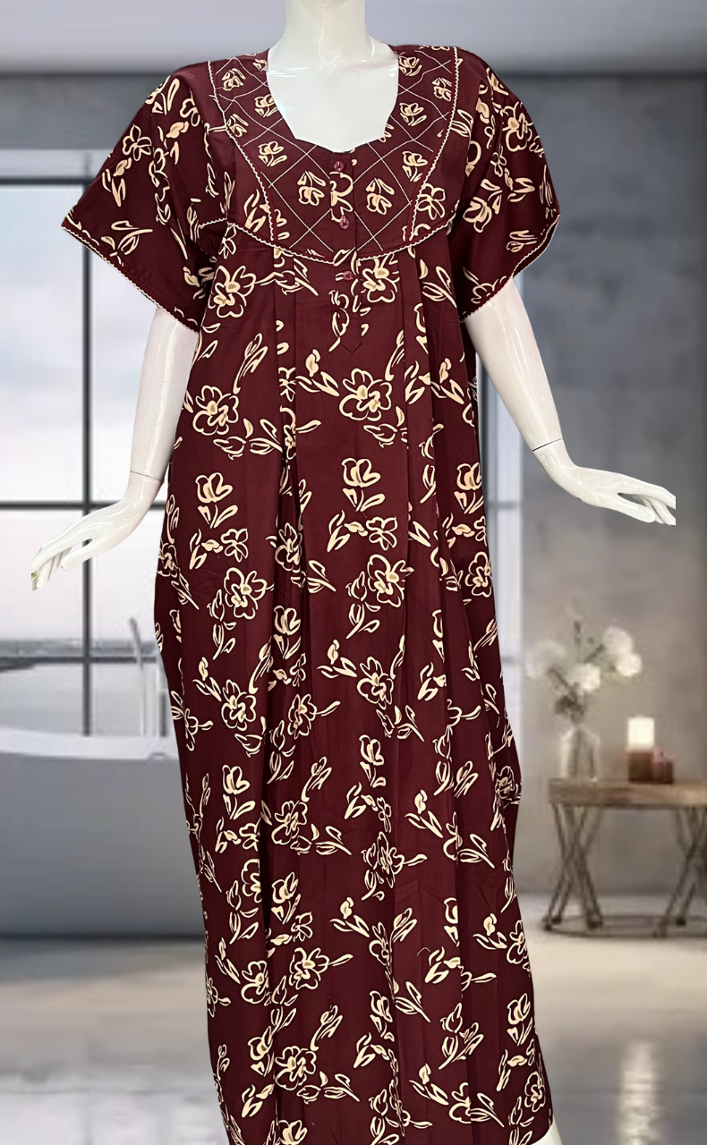 Maroon Flora Pure Cotton Nighty. Pure Durable Cotton | Laces and Frills