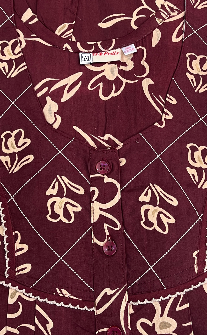 Maroon Flora Pure Cotton Nighty. Pure Durable Cotton | Laces and Frills