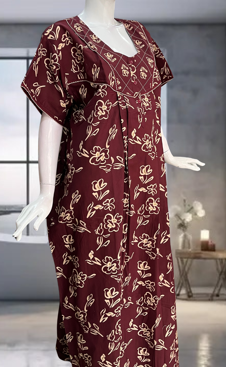 Maroon Flora Pure Cotton Nighty. Pure Durable Cotton | Laces and Frills