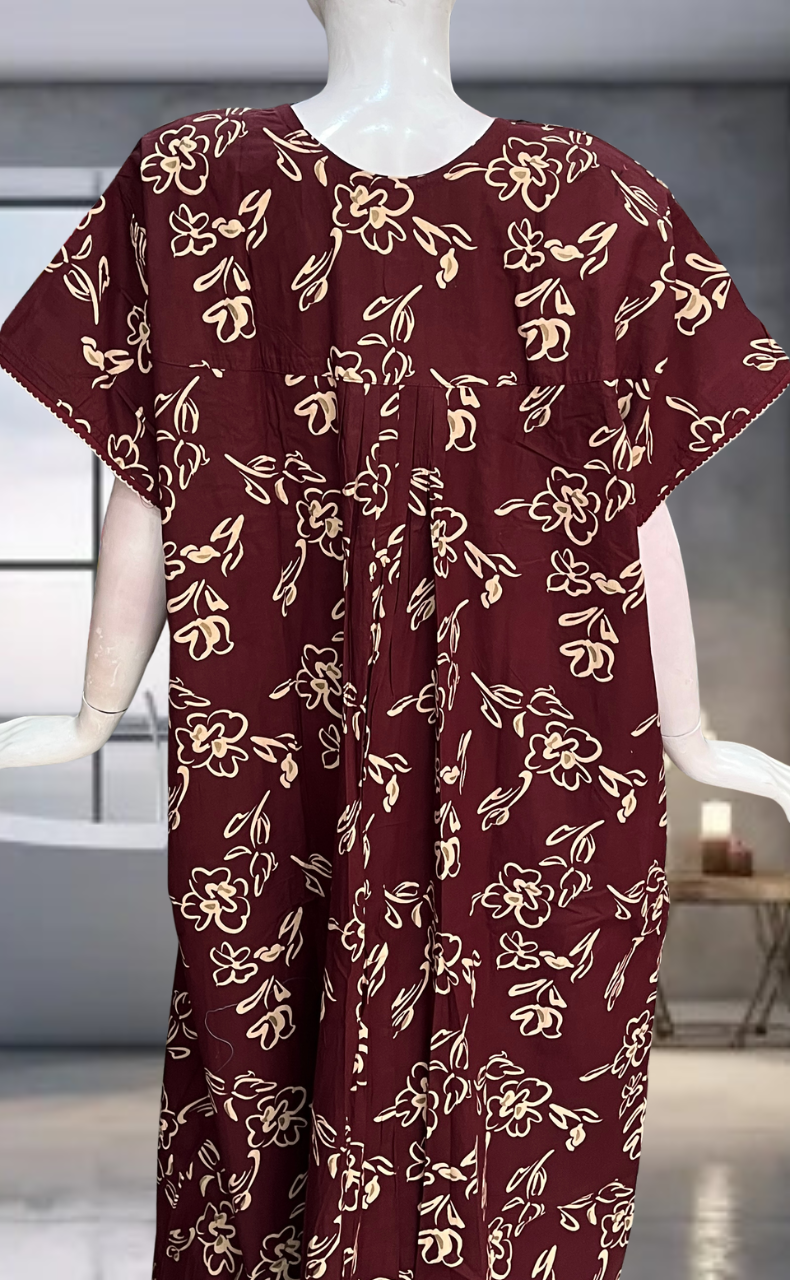 Maroon Flora Pure Cotton Nighty. Pure Durable Cotton | Laces and Frills