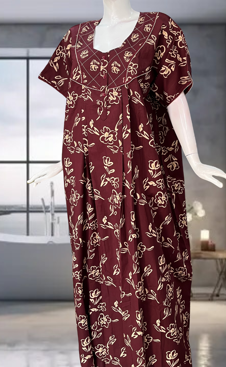 Maroon Flora Pure Cotton Nighty. Pure Durable Cotton | Laces and Frills