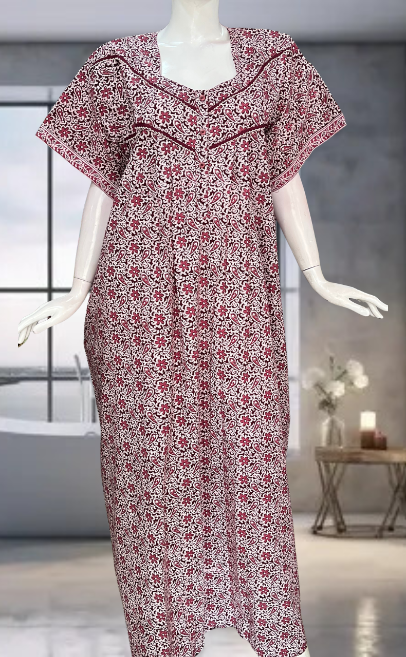Maroon Garden Pure Cotton Nighty. Pure Durable Cotton | Laces and Frills