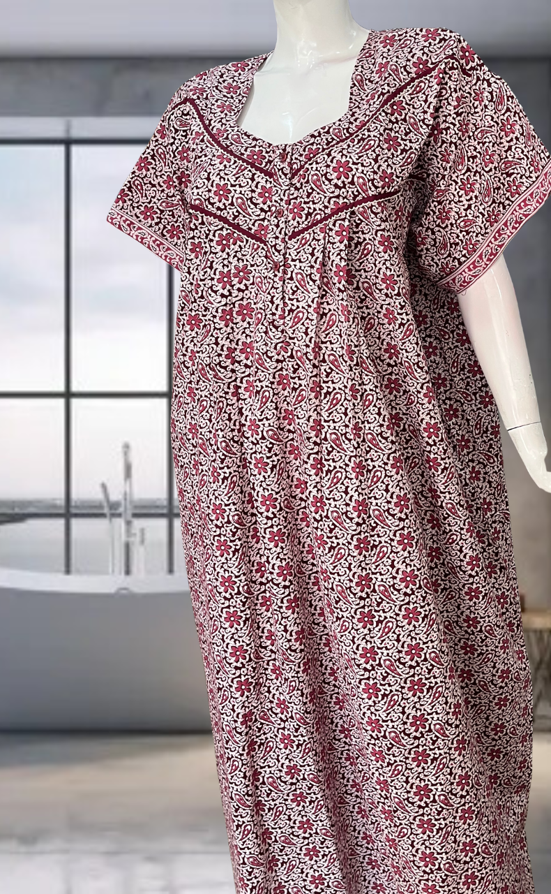 Maroon Garden Pure Cotton Nighty. Pure Durable Cotton | Laces and Frills
