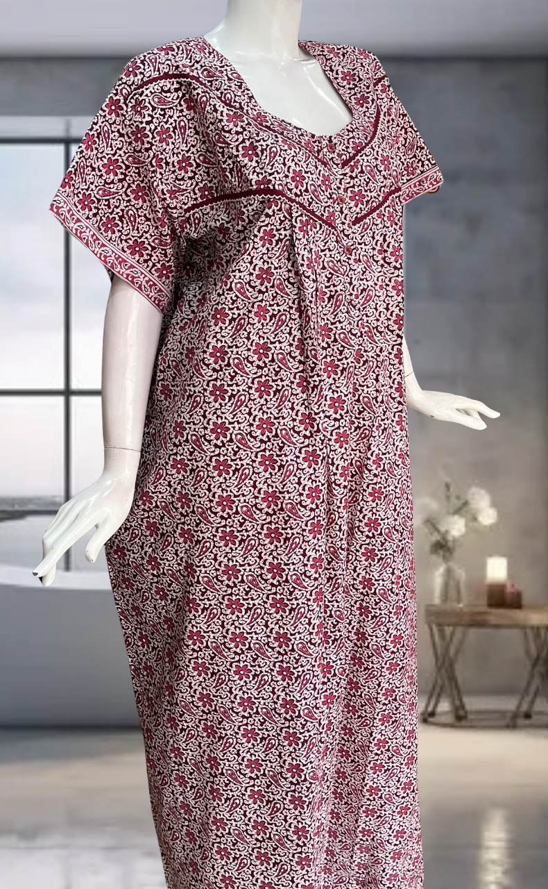 Maroon Garden Pure Cotton Nighty. Pure Durable Cotton | Laces and Frills