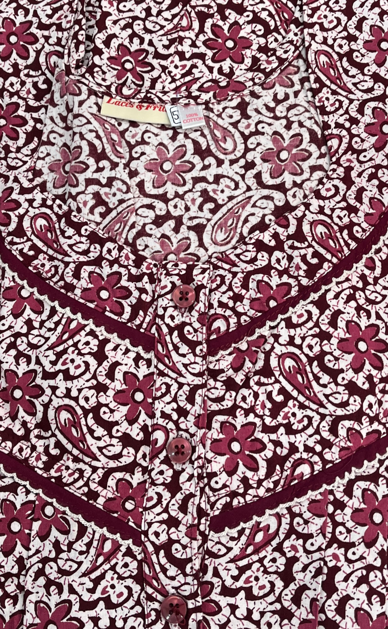 Maroon Garden Pure Cotton Nighty. Pure Durable Cotton | Laces and Frills