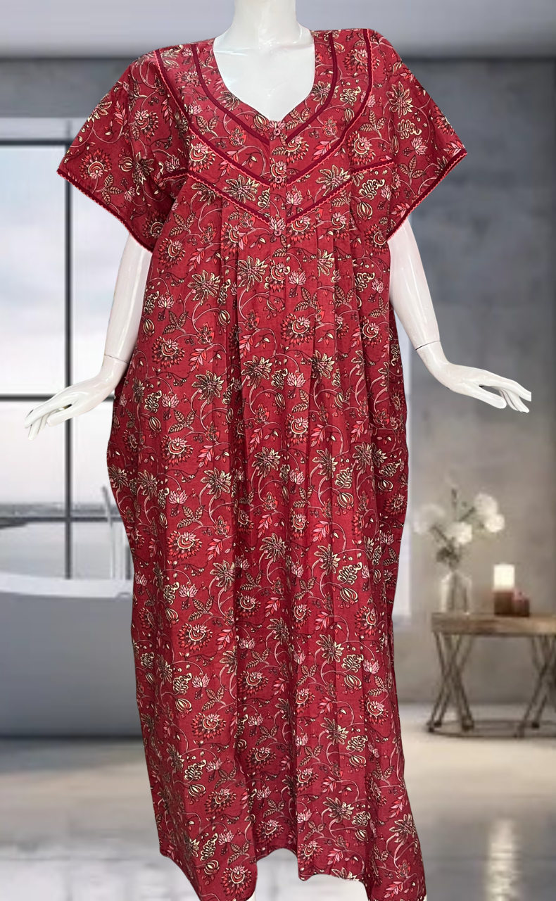 Maroon Garden Pure Cotton Nighty. Pure Durable Cotton | Laces and Frills