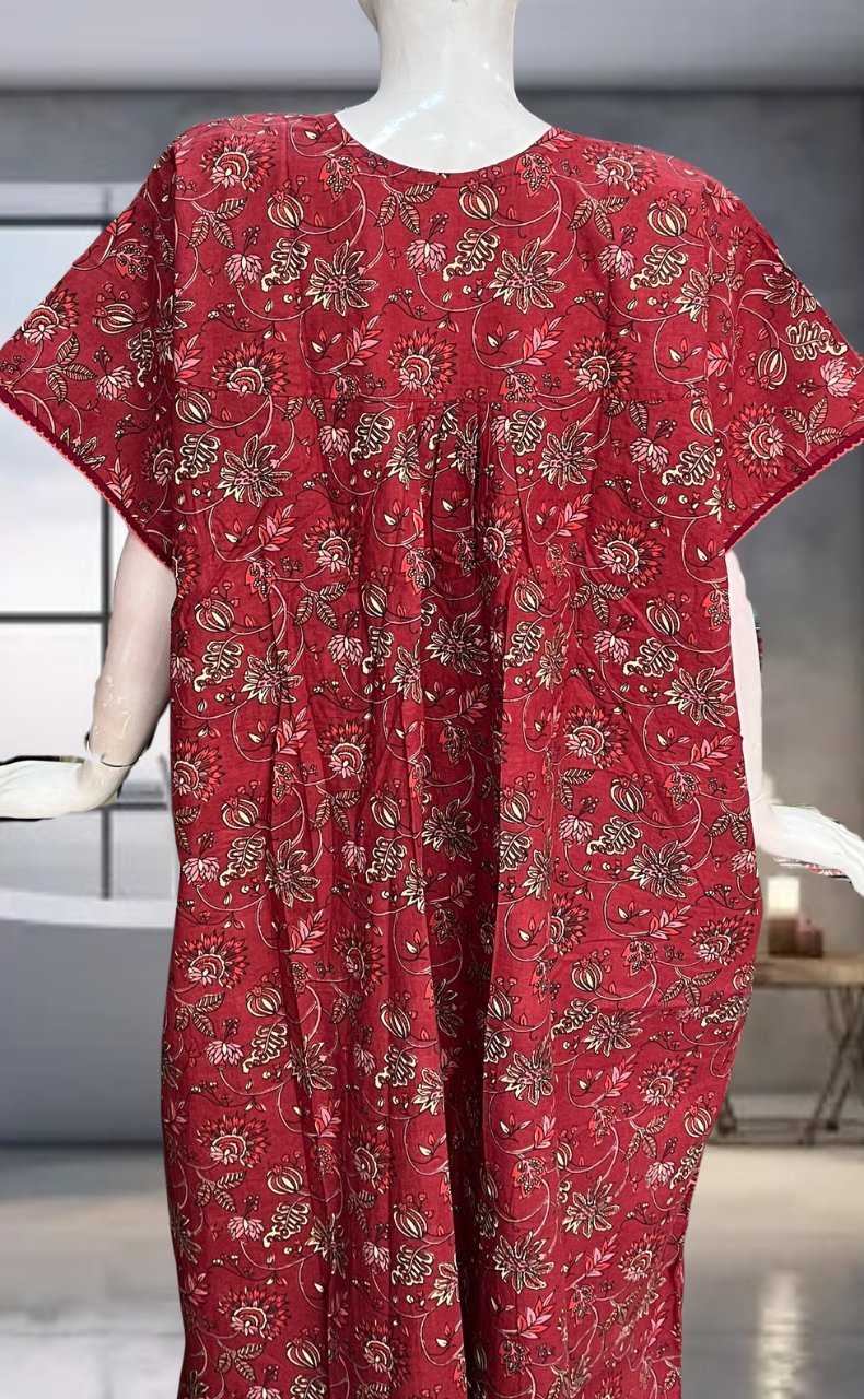 Maroon Garden Pure Cotton Nighty. Pure Durable Cotton | Laces and Frills