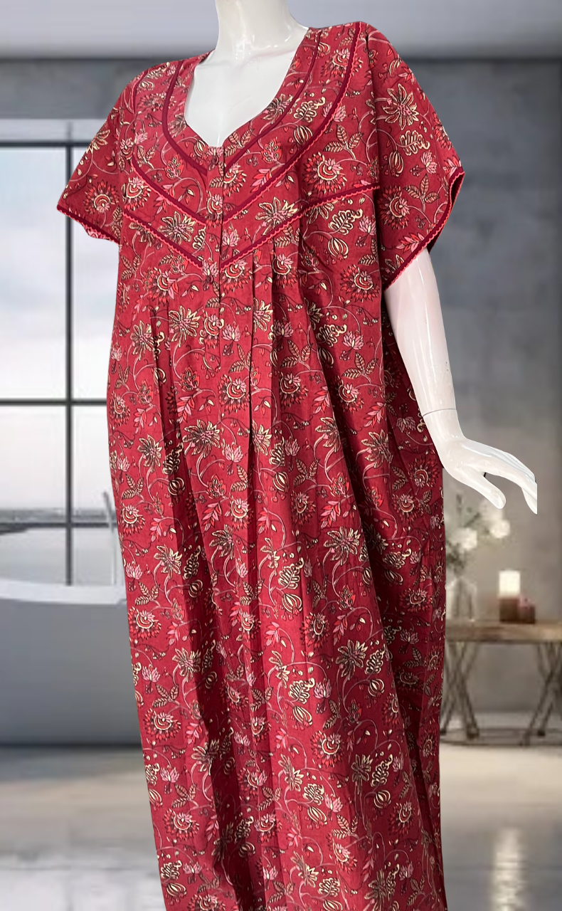 Maroon Garden Pure Cotton Nighty. Pure Durable Cotton | Laces and Frills