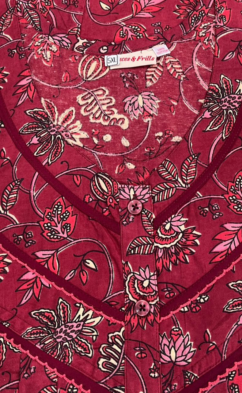 Maroon Garden Pure Cotton Nighty. Pure Durable Cotton | Laces and Frills