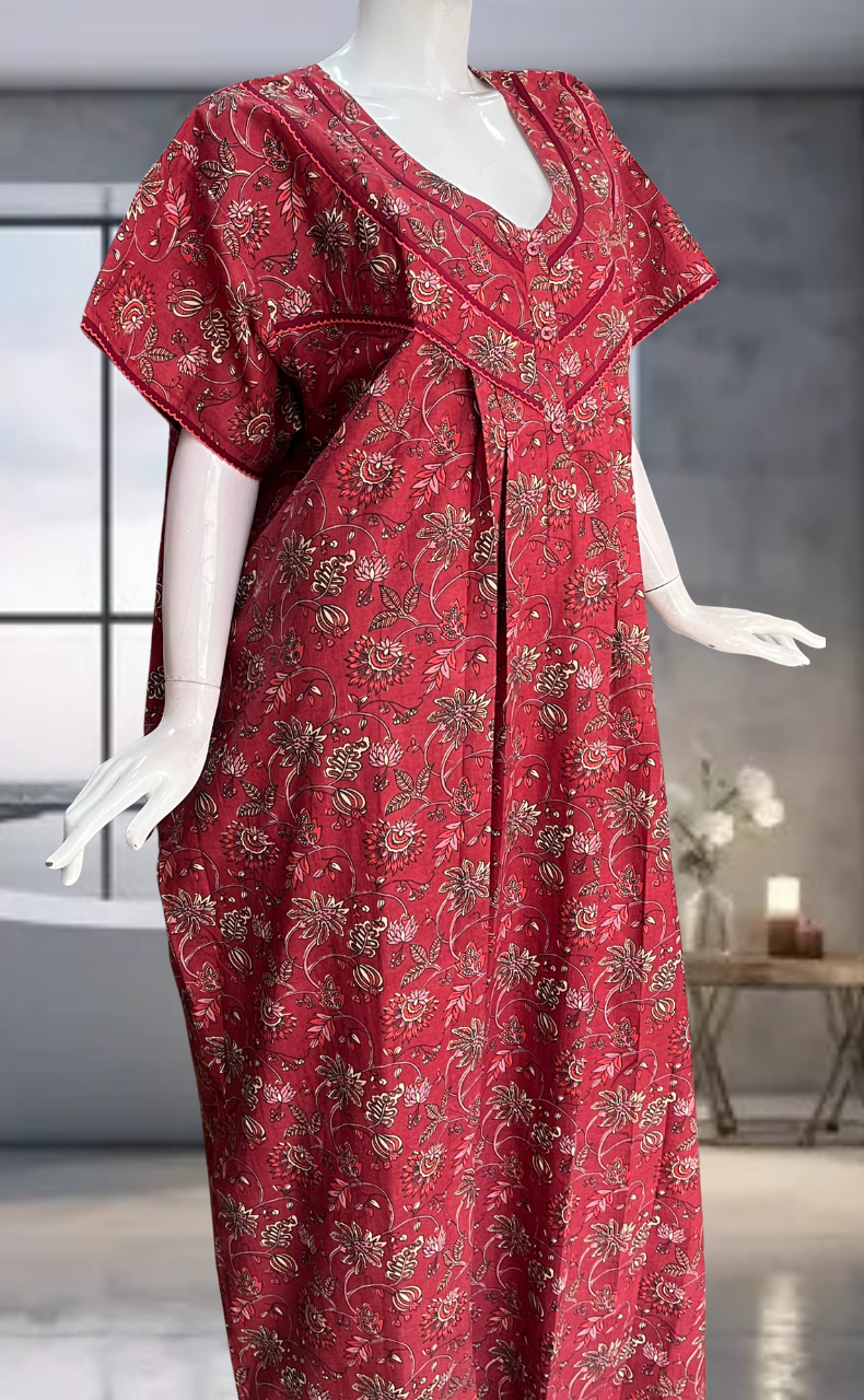 Maroon Garden Pure Cotton Nighty. Pure Durable Cotton | Laces and Frills