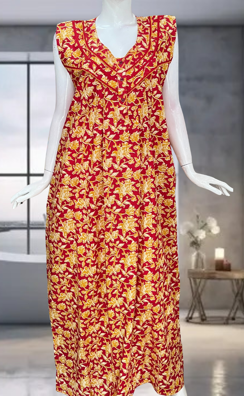 Red Garden Pure Cotton Sleeveless Nighty. Pure Durable Cotton | Laces and Frills