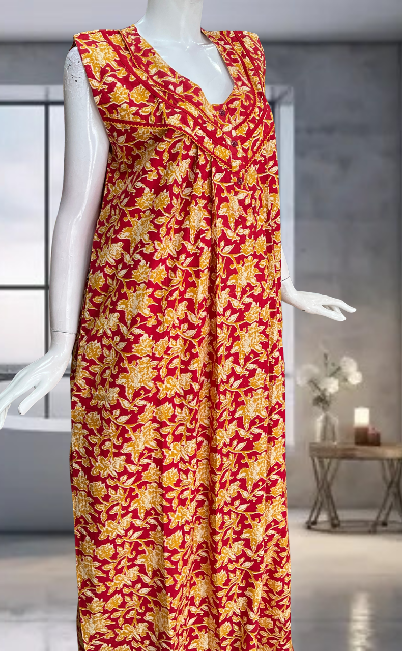 Red Garden Pure Cotton Sleeveless Nighty. Pure Durable Cotton | Laces and Frills
