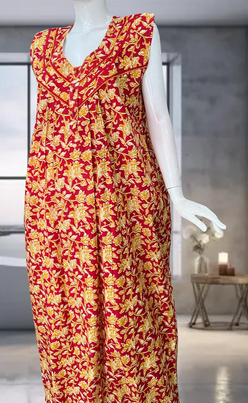 Red Garden Pure Cotton Sleeveless Nighty. Pure Durable Cotton | Laces and Frills