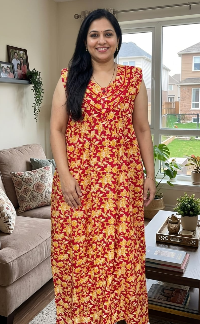 Red Garden Pure Cotton Sleeveless Nighty. Pure Durable Cotton | Laces and Frills