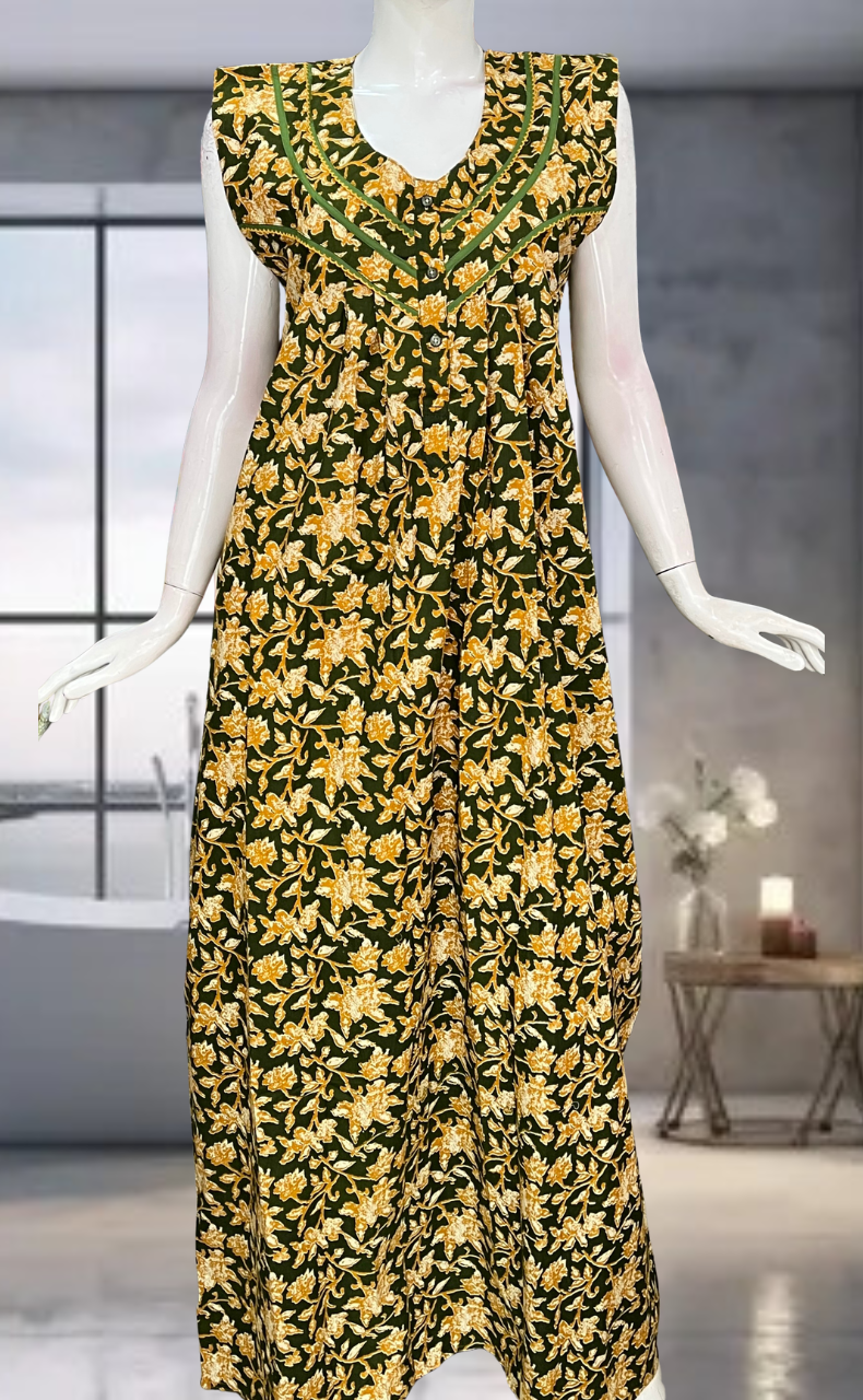 Green Garden Pure Cotton Sleeveless Nighty. Pure Durable Cotton | Laces and Frills