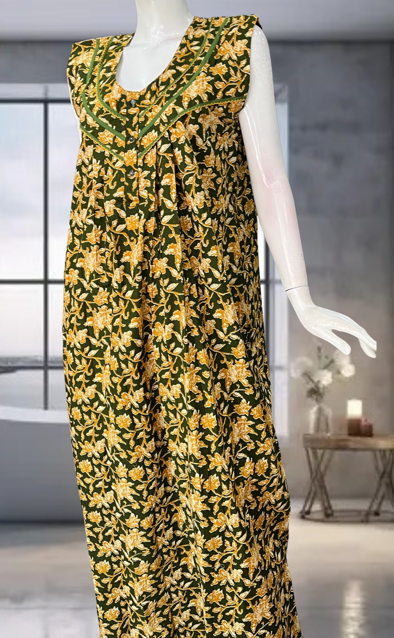 Green Garden Pure Cotton Sleeveless Nighty. Pure Durable Cotton | Laces and Frills