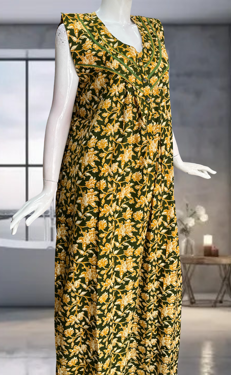 Green Garden Pure Cotton Sleeveless Nighty. Pure Durable Cotton | Laces and Frills