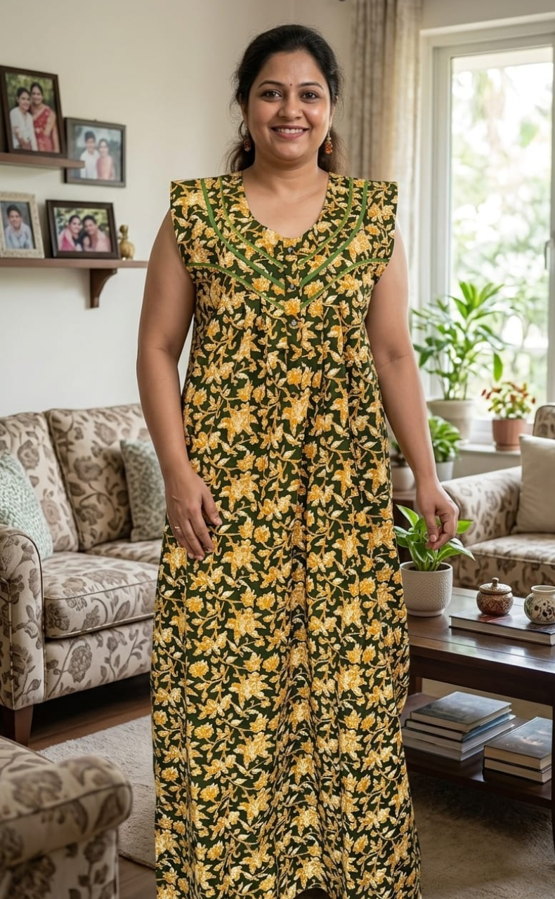 Green Garden Pure Cotton Sleeveless Nighty. Pure Durable Cotton | Laces and Frills