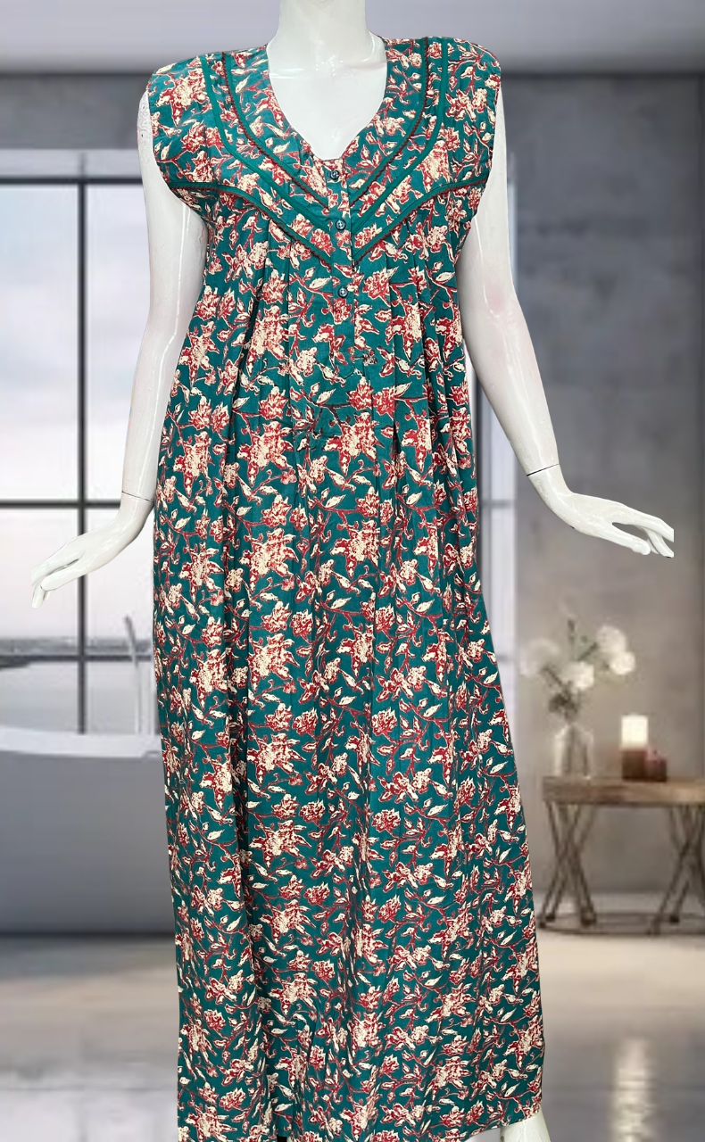 Teal Green Garden Pure Cotton Sleeveless Nighty. Pure Durable Cotton | Laces and Frills