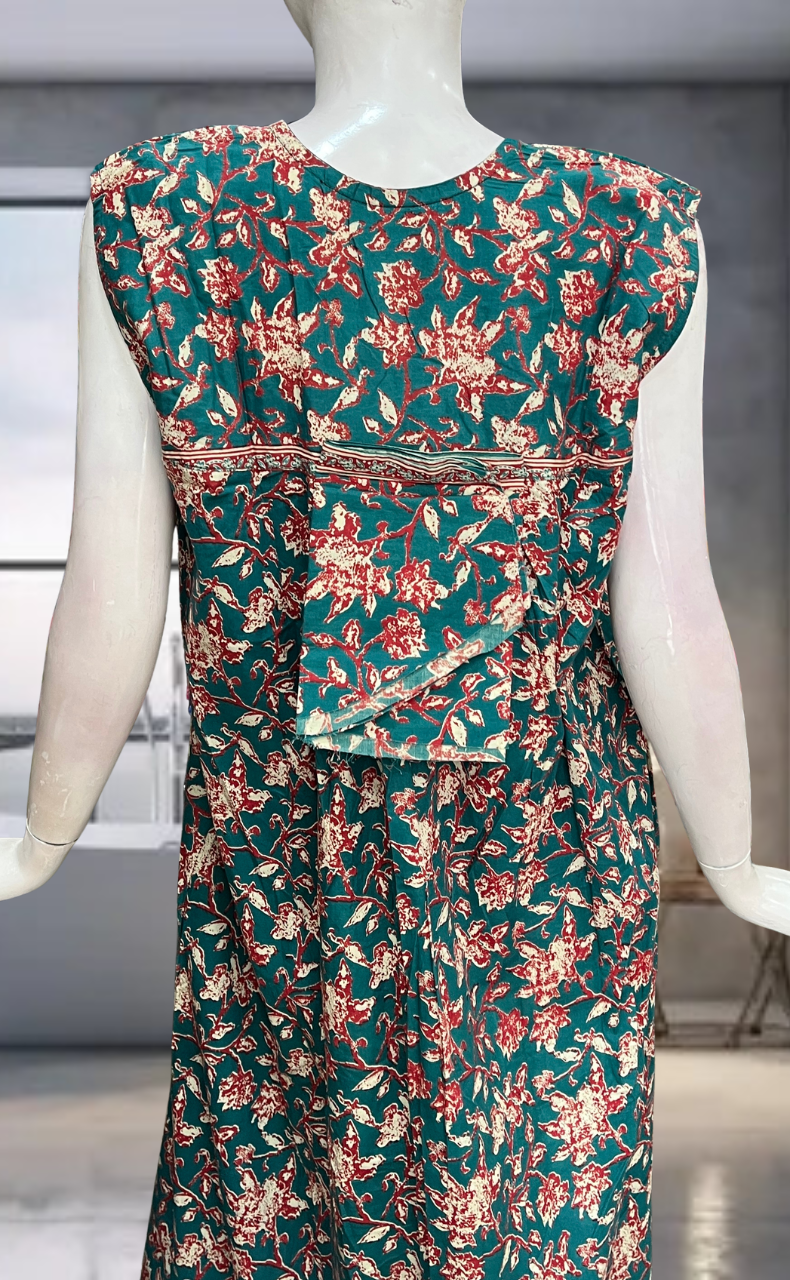 Teal Green Garden Pure Cotton Sleeveless Nighty. Pure Durable Cotton | Laces and Frills
