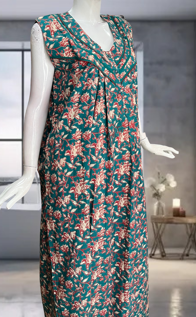 Teal Green Garden Pure Cotton Sleeveless Nighty. Pure Durable Cotton | Laces and Frills