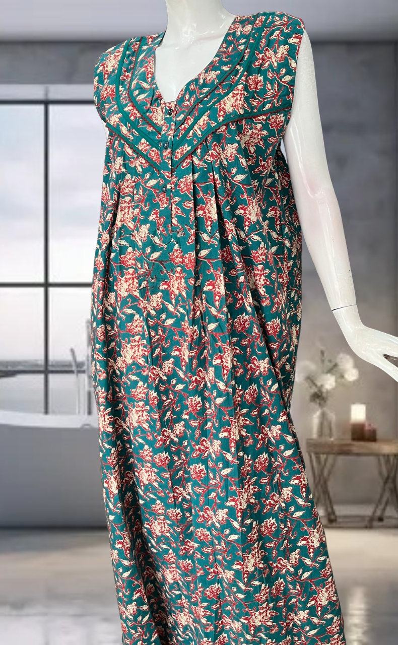 Teal Green Garden Pure Cotton Sleeveless Nighty. Pure Durable Cotton | Laces and Frills