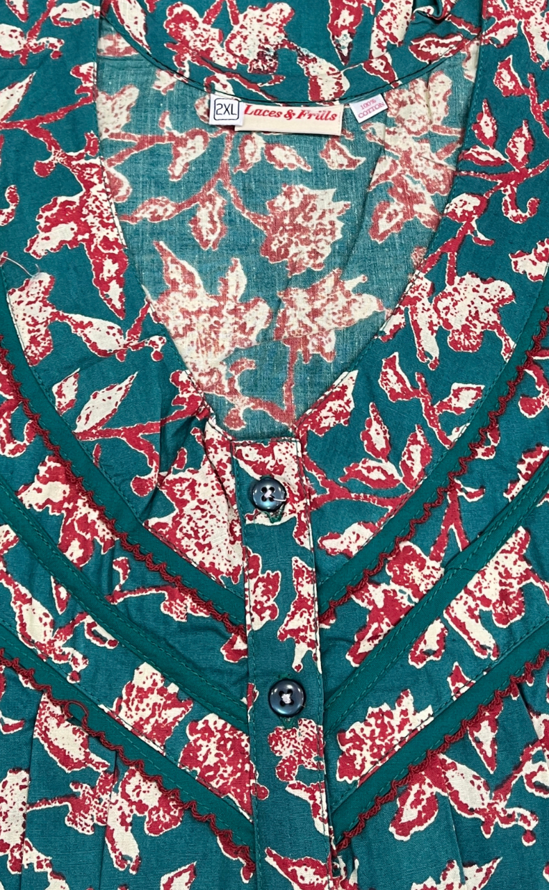 Teal Green Garden Pure Cotton Sleeveless Nighty. Pure Durable Cotton | Laces and Frills