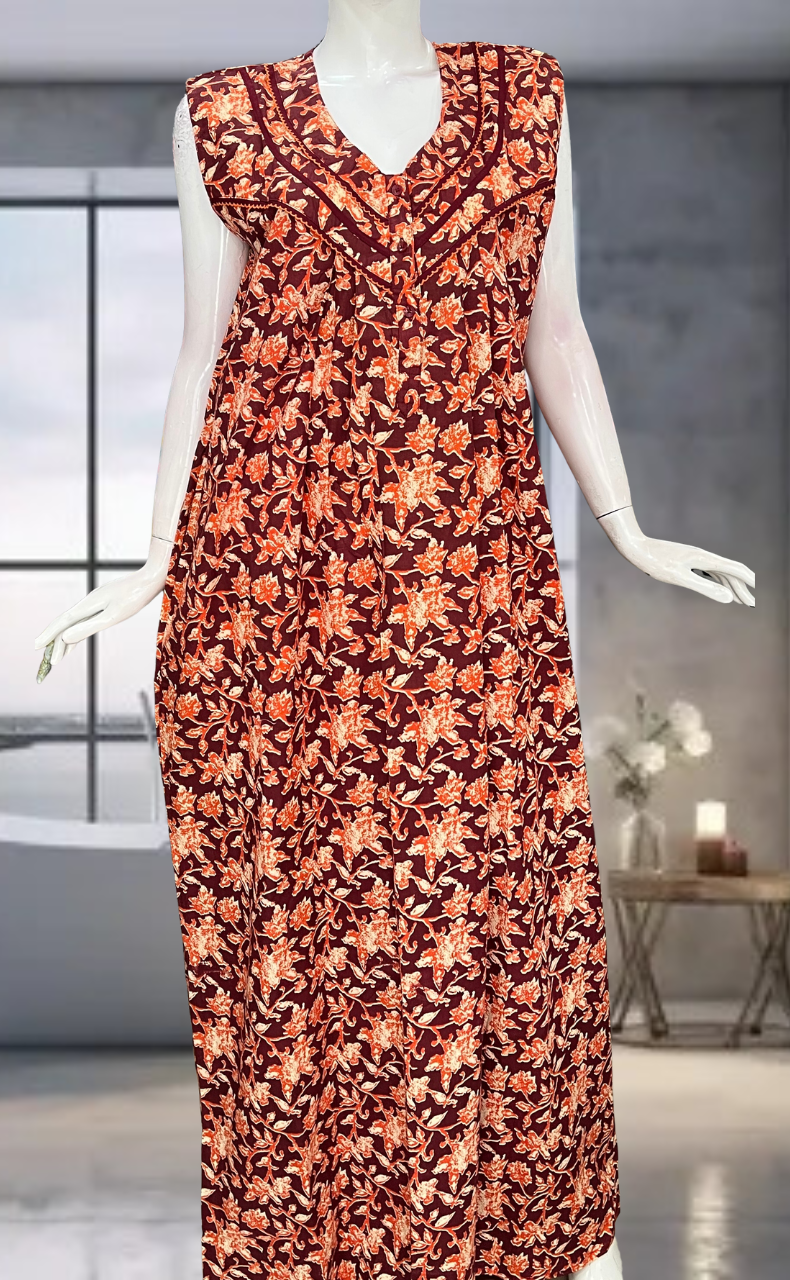 Maroon Garden Pure Cotton Sleeveless Nighty. Pure Durable Cotton | Laces and Frills