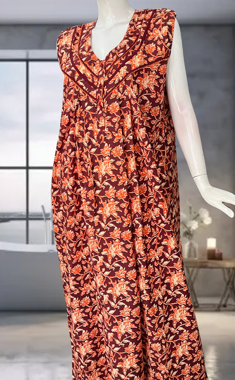 Maroon Garden Pure Cotton Sleeveless Nighty. Pure Durable Cotton | Laces and Frills