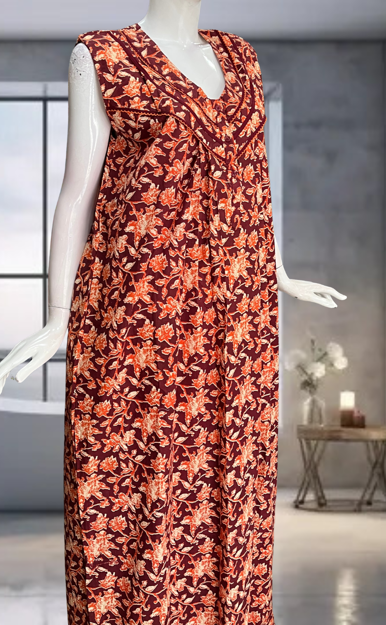 Maroon Garden Pure Cotton Sleeveless Nighty. Pure Durable Cotton | Laces and Frills