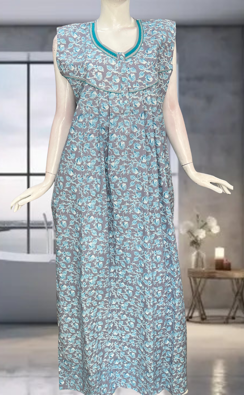 Sea Green Leafy Pure Cotton Sleeveless Nighty. Pure Durable Cotton | Laces and Frills