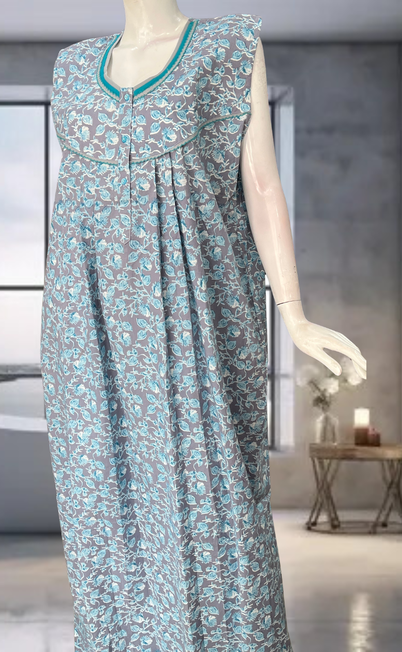 Sea Green Leafy Pure Cotton Sleeveless Nighty. Pure Durable Cotton | Laces and Frills