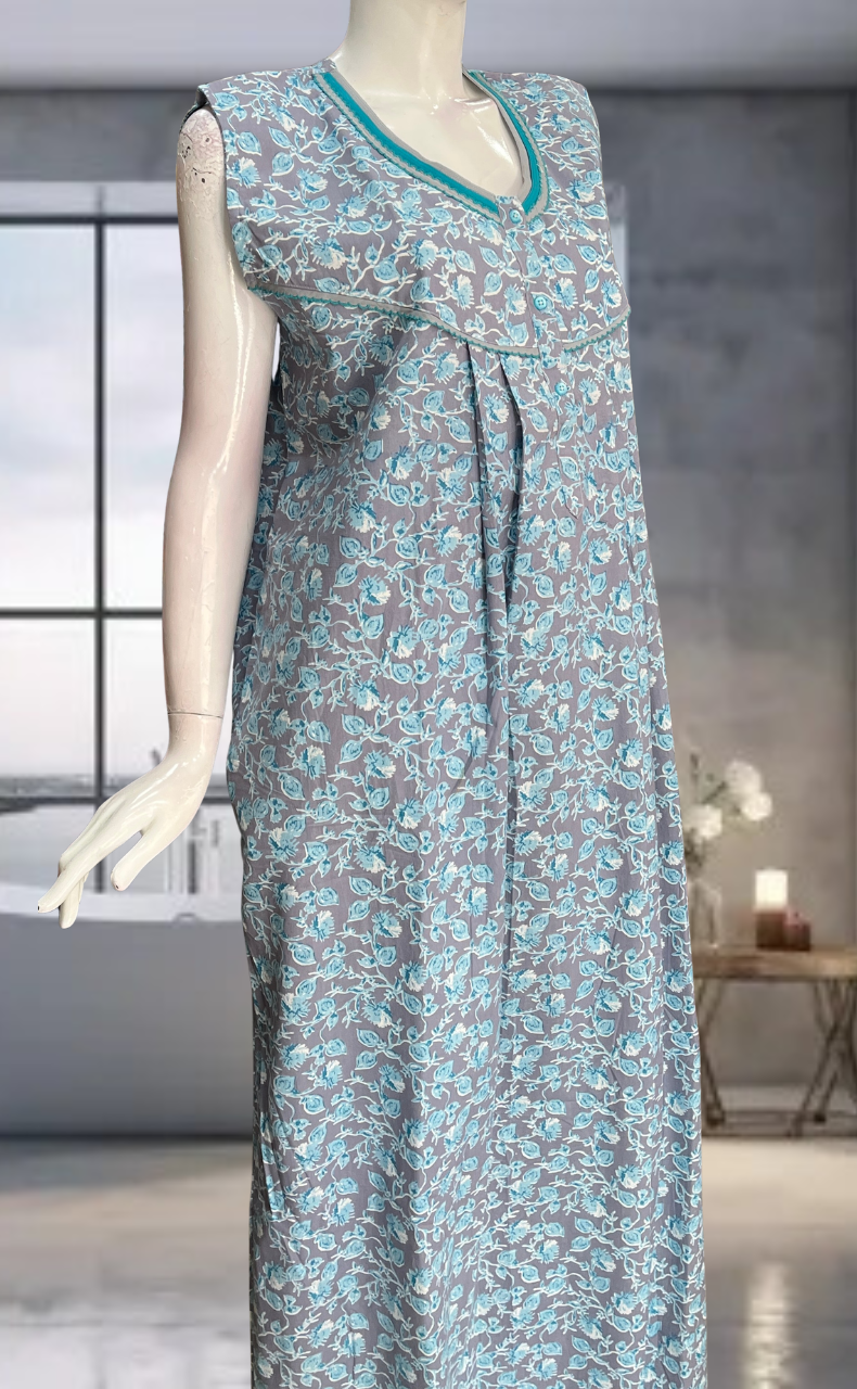 Sea Green Leafy Pure Cotton Sleeveless Nighty. Pure Durable Cotton | Laces and Frills