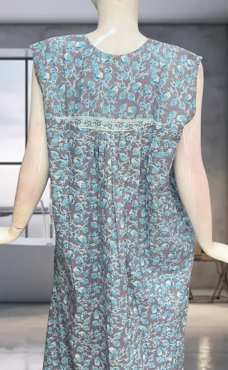 Sea Green Leafy Pure Cotton Sleeveless Nighty. Pure Durable Cotton | Laces and Frills