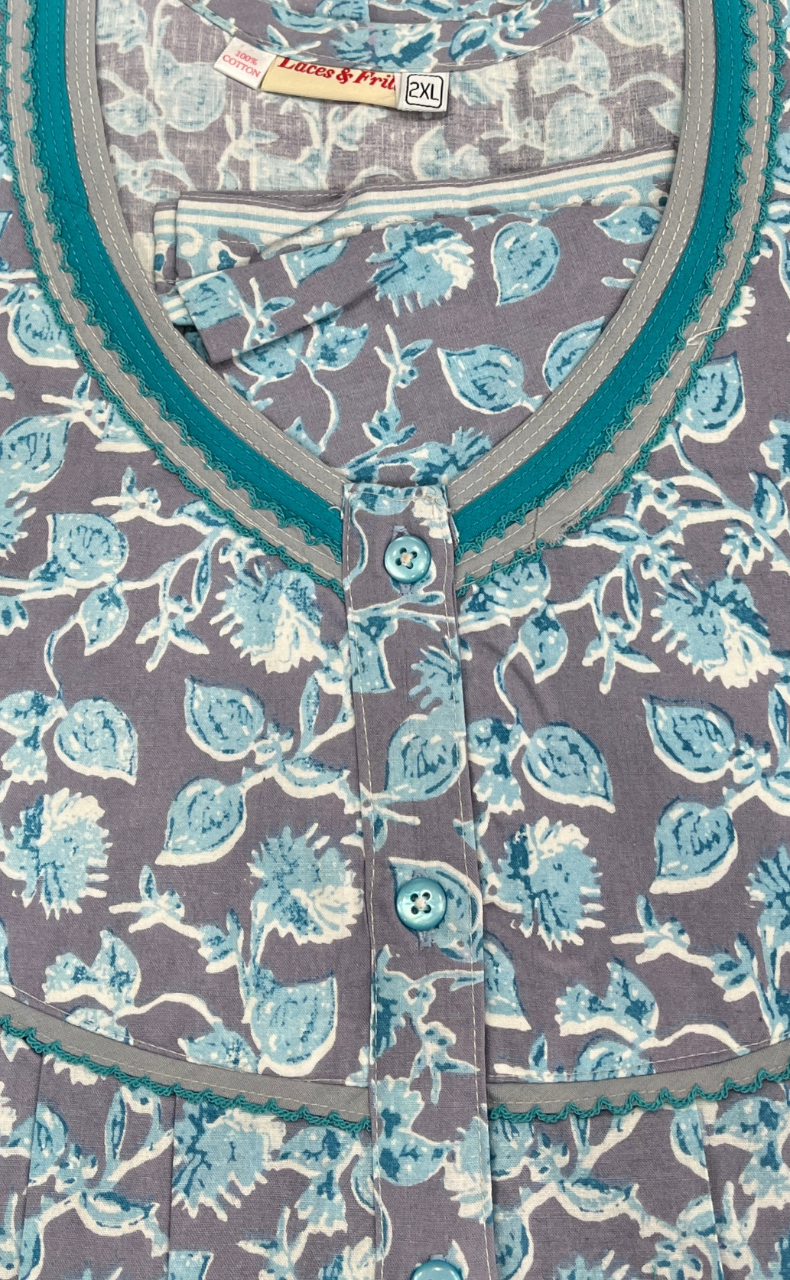 Sea Green Leafy Pure Cotton Sleeveless Nighty. Pure Durable Cotton | Laces and Frills