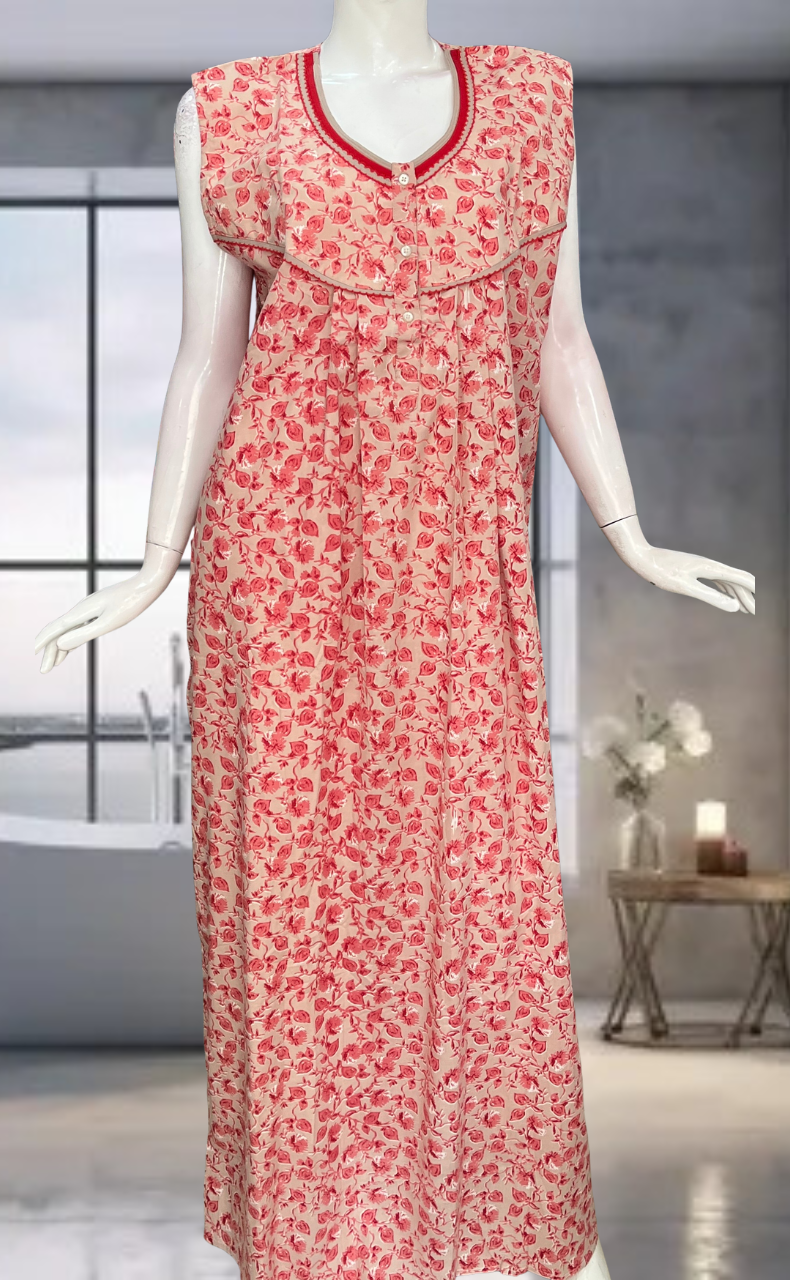 Peach Leafy Pure Cotton Sleeveless Nighty. Pure Durable Cotton | Laces and Frills