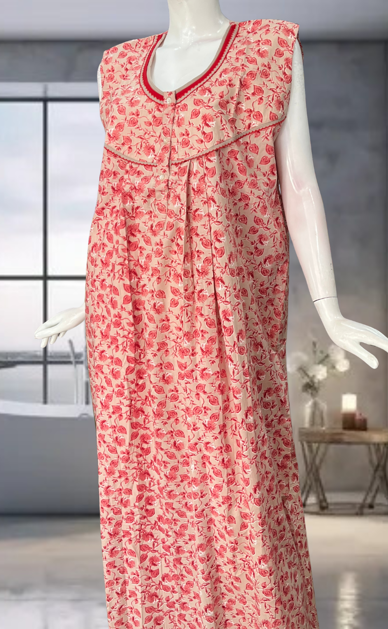 Peach Leafy Pure Cotton Sleeveless Nighty. Pure Durable Cotton | Laces and Frills