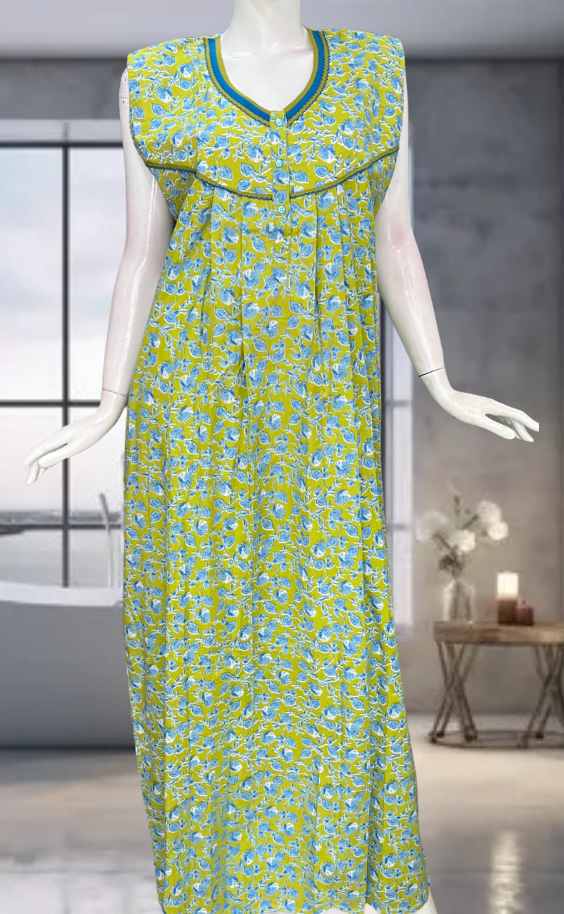 Green Leafy Pure Cotton Sleeveless Nighty. Pure Durable Cotton | Laces and Frills