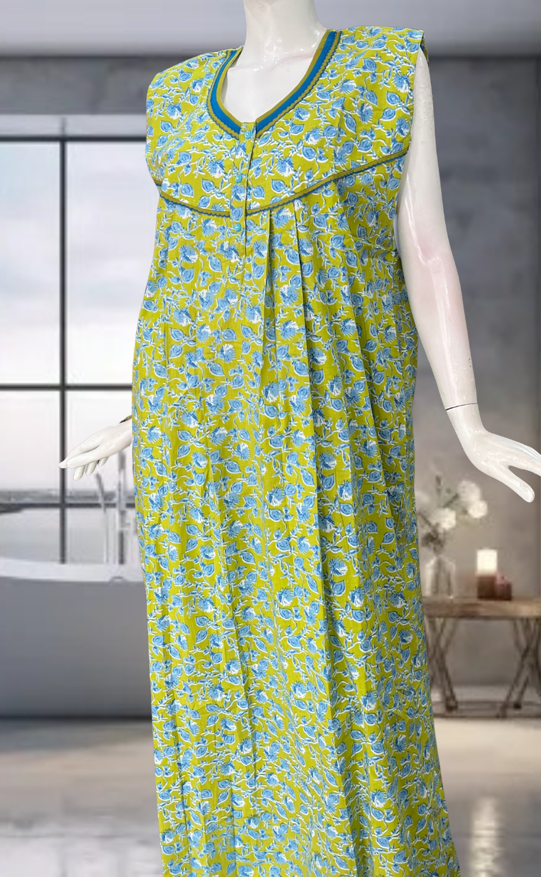 Green Leafy Pure Cotton Sleeveless Nighty. Pure Durable Cotton | Laces and Frills