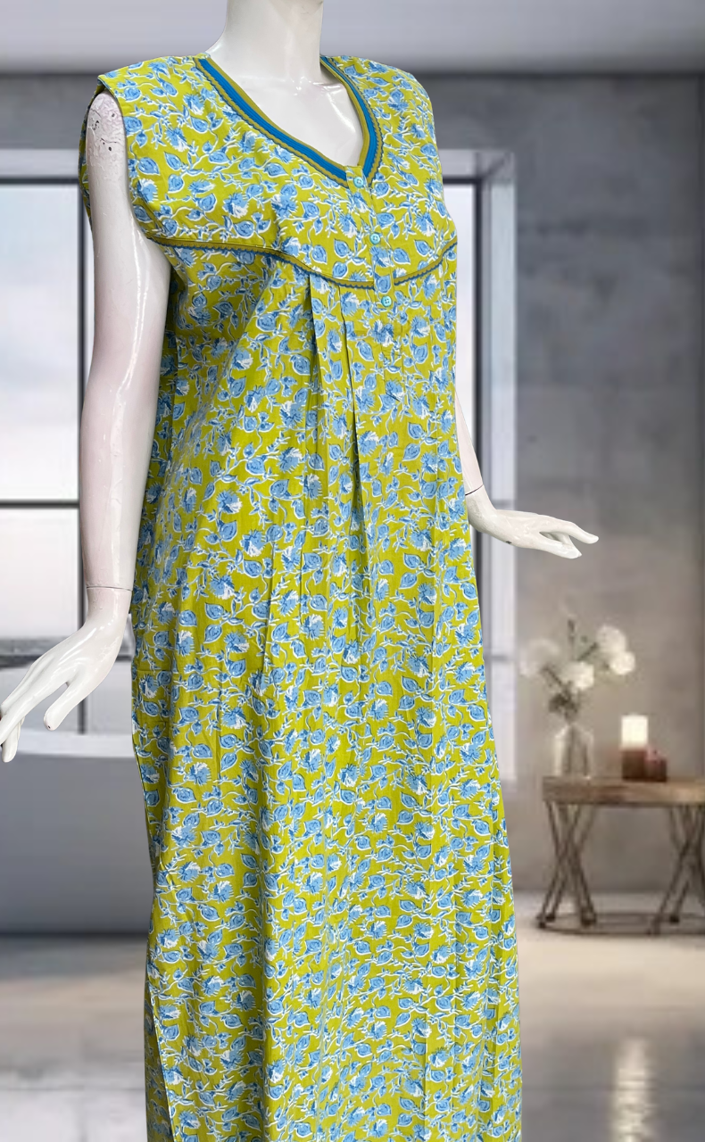Green Leafy Pure Cotton Sleeveless Nighty. Pure Durable Cotton | Laces and Frills