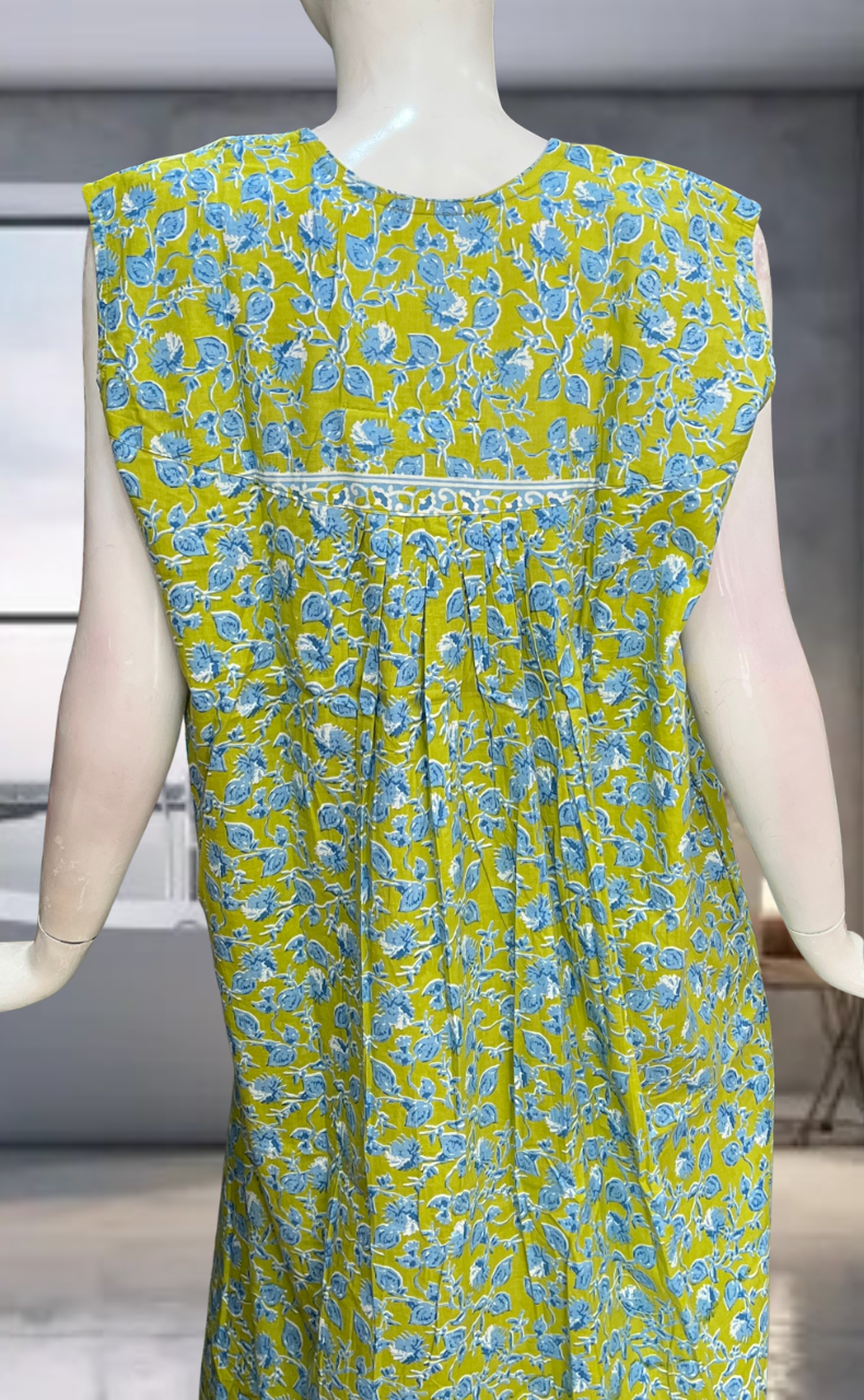 Green Leafy Pure Cotton Sleeveless Nighty. Pure Durable Cotton | Laces and Frills