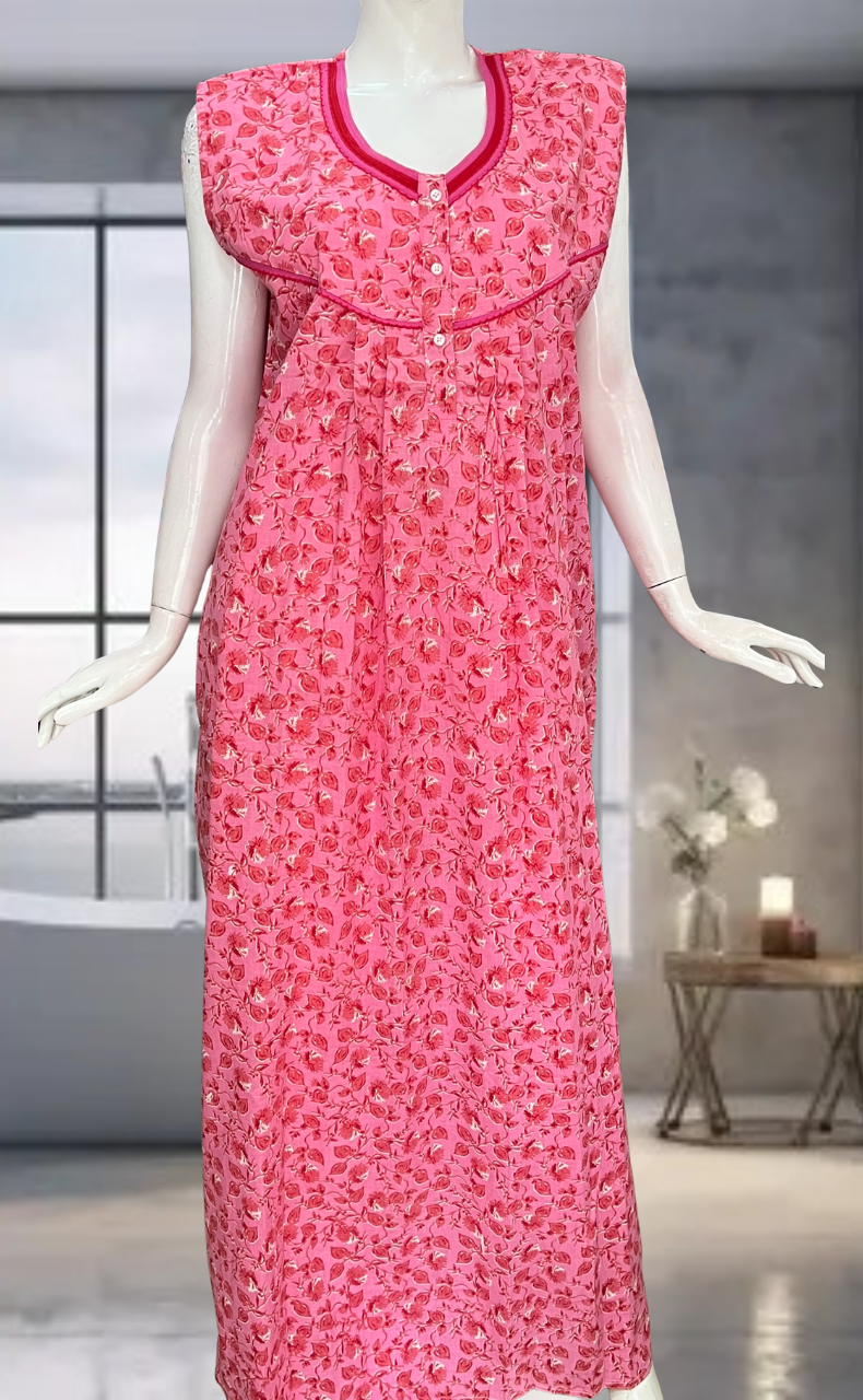Pink Leafy Pure Cotton Sleeveless Nighty. Pure Durable Cotton | Laces and Frills