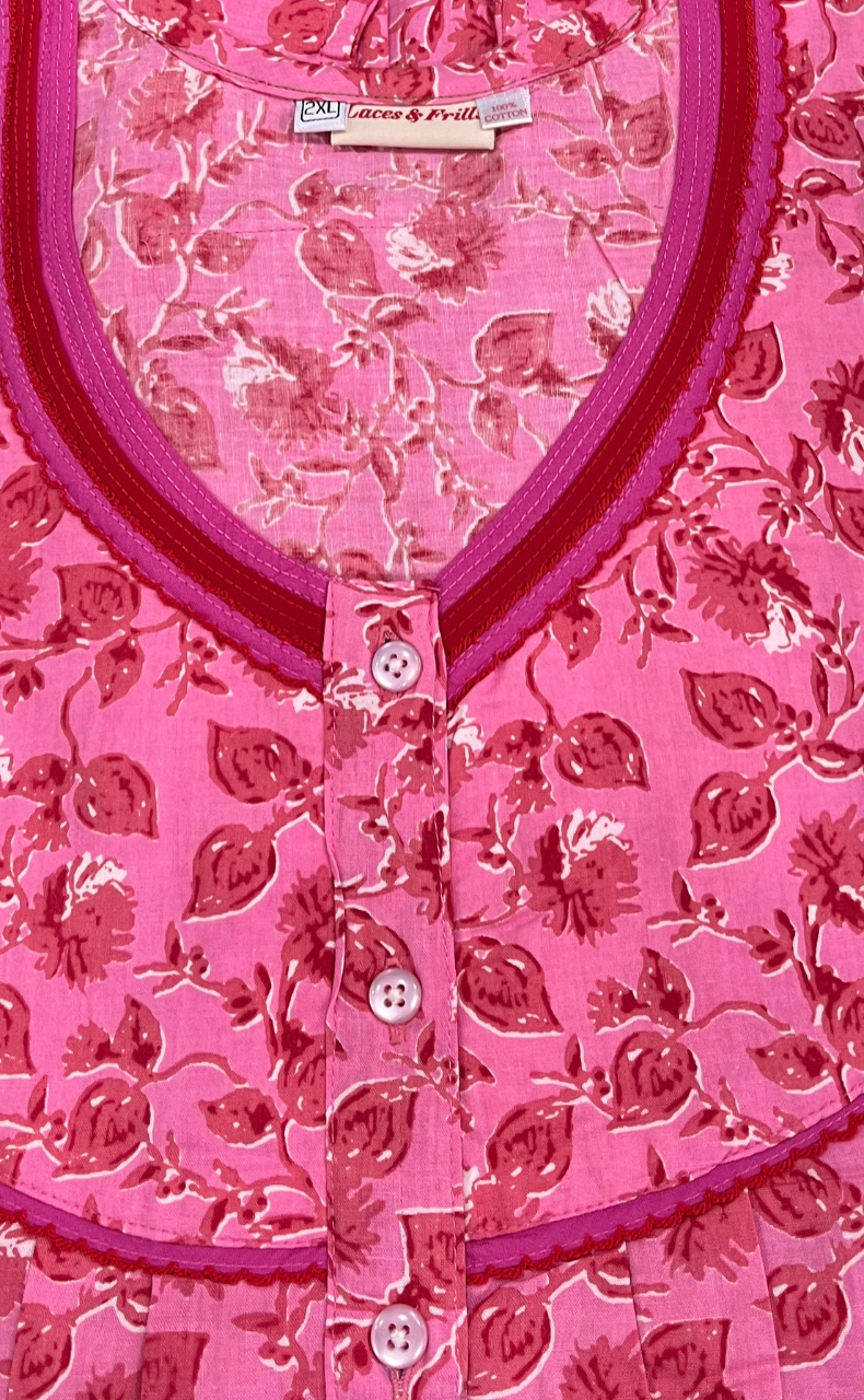 Pink Leafy Pure Cotton Sleeveless Nighty. Pure Durable Cotton | Laces and Frills